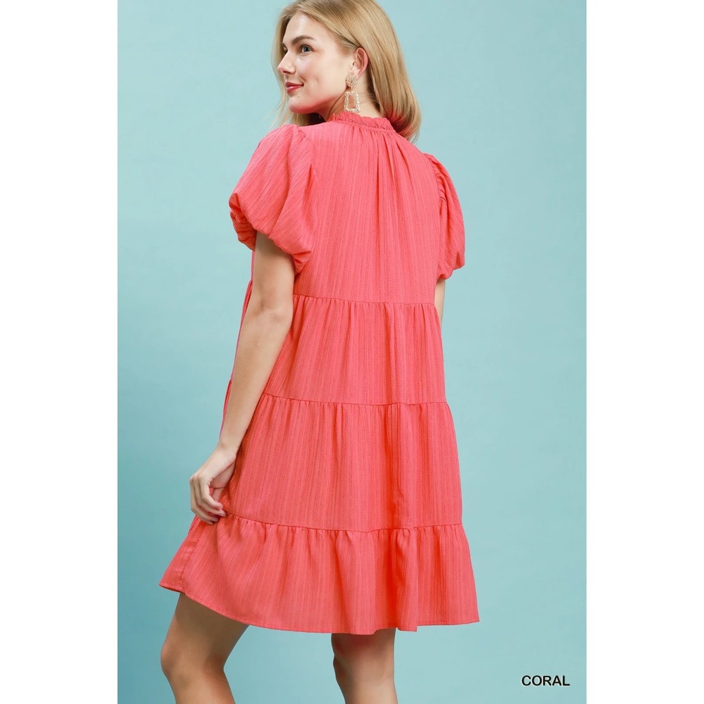 Umgee Puff Sleeve Tiered Babydoll Dress - Coral - Small - Picture 3 of 5